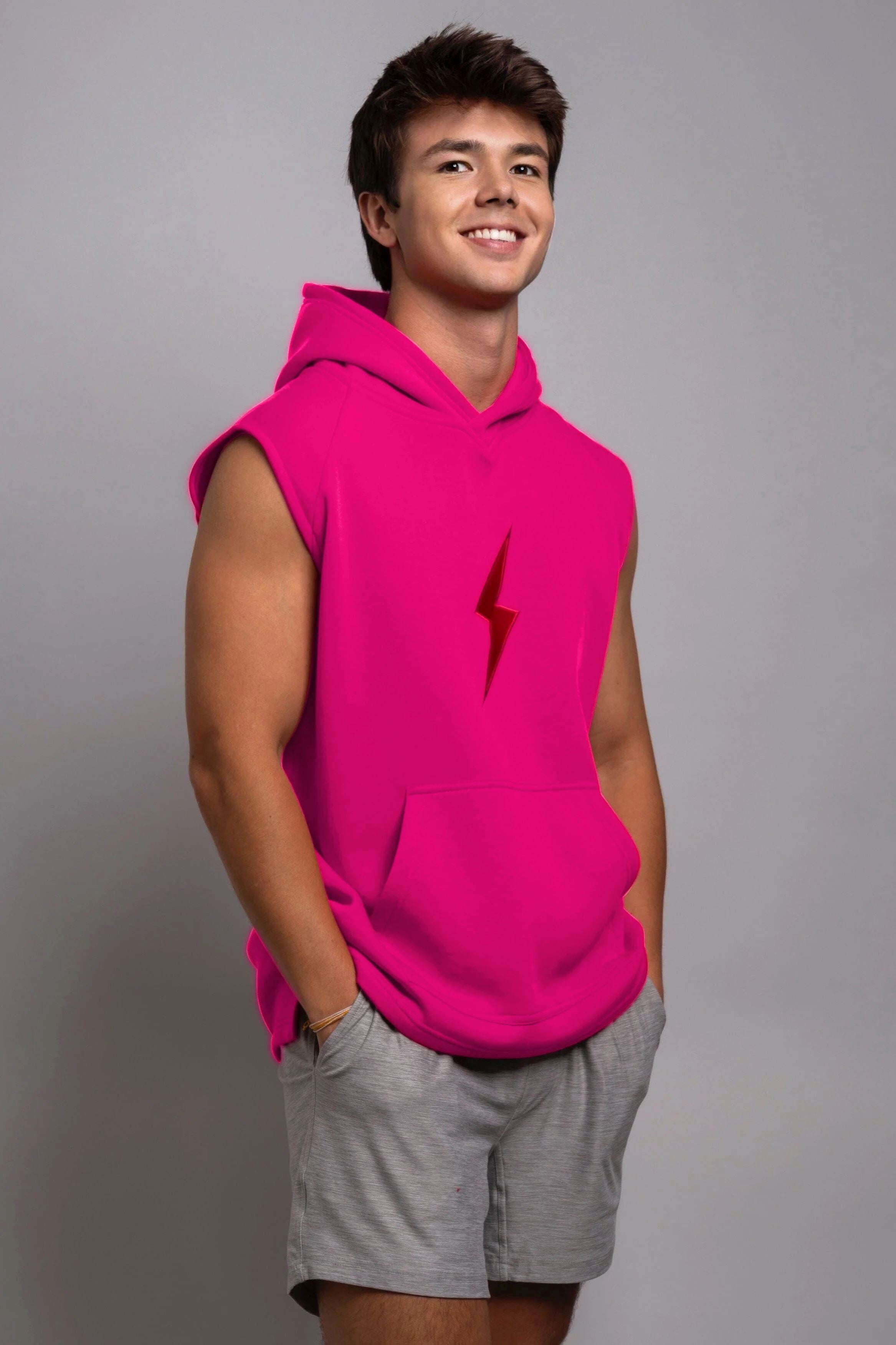Men's Sleeveless Hoodie for Athletes | BRUCE BOLT Pink with Red Bolt