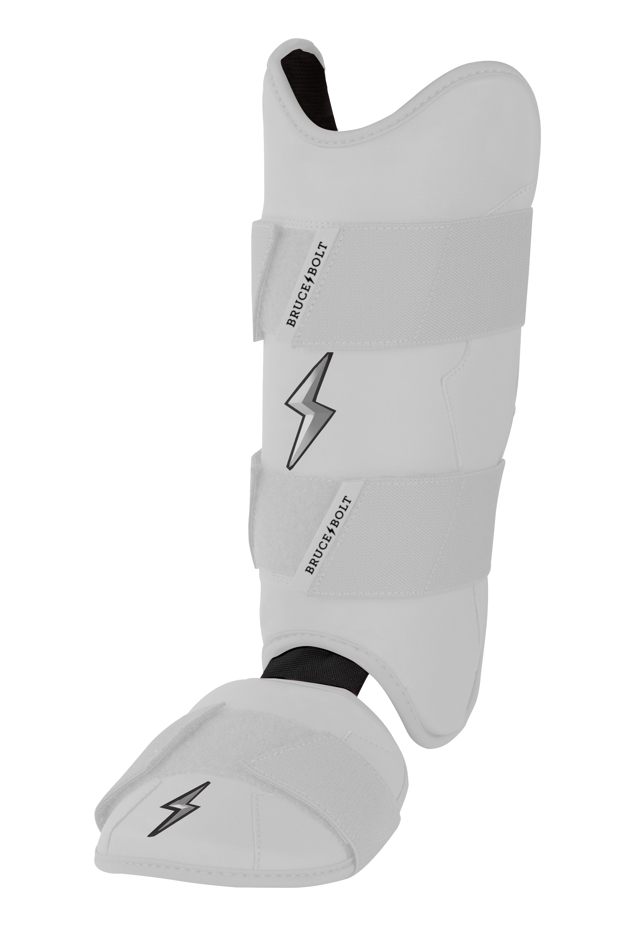 White Baseball Leg Guard with Moldable Shell & Sharkskin Grip | BRUCE BOLT Chrome Series