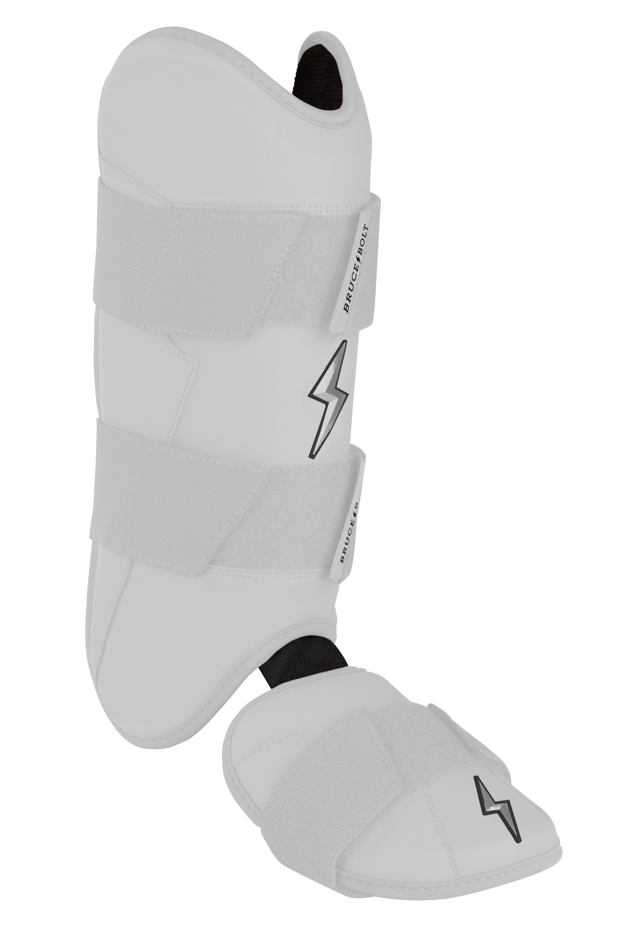 White Baseball Leg Guard with Moldable Shell & Sharkskin Grip | BRUCE BOLT Chrome Series